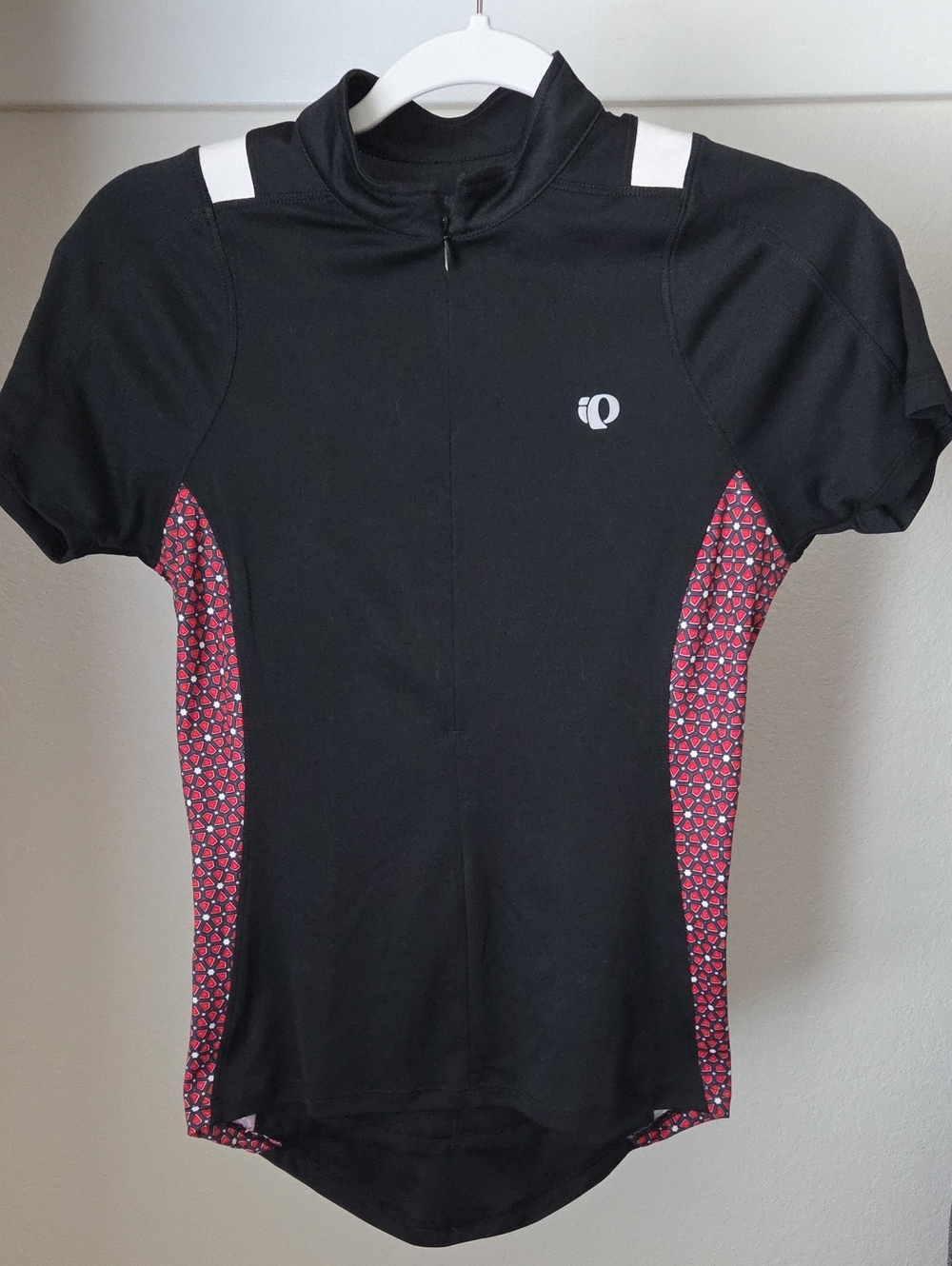Pearl Izumi Black Short-Sleeve Cycling Jersey with Pink Patterned Panels, SMALL